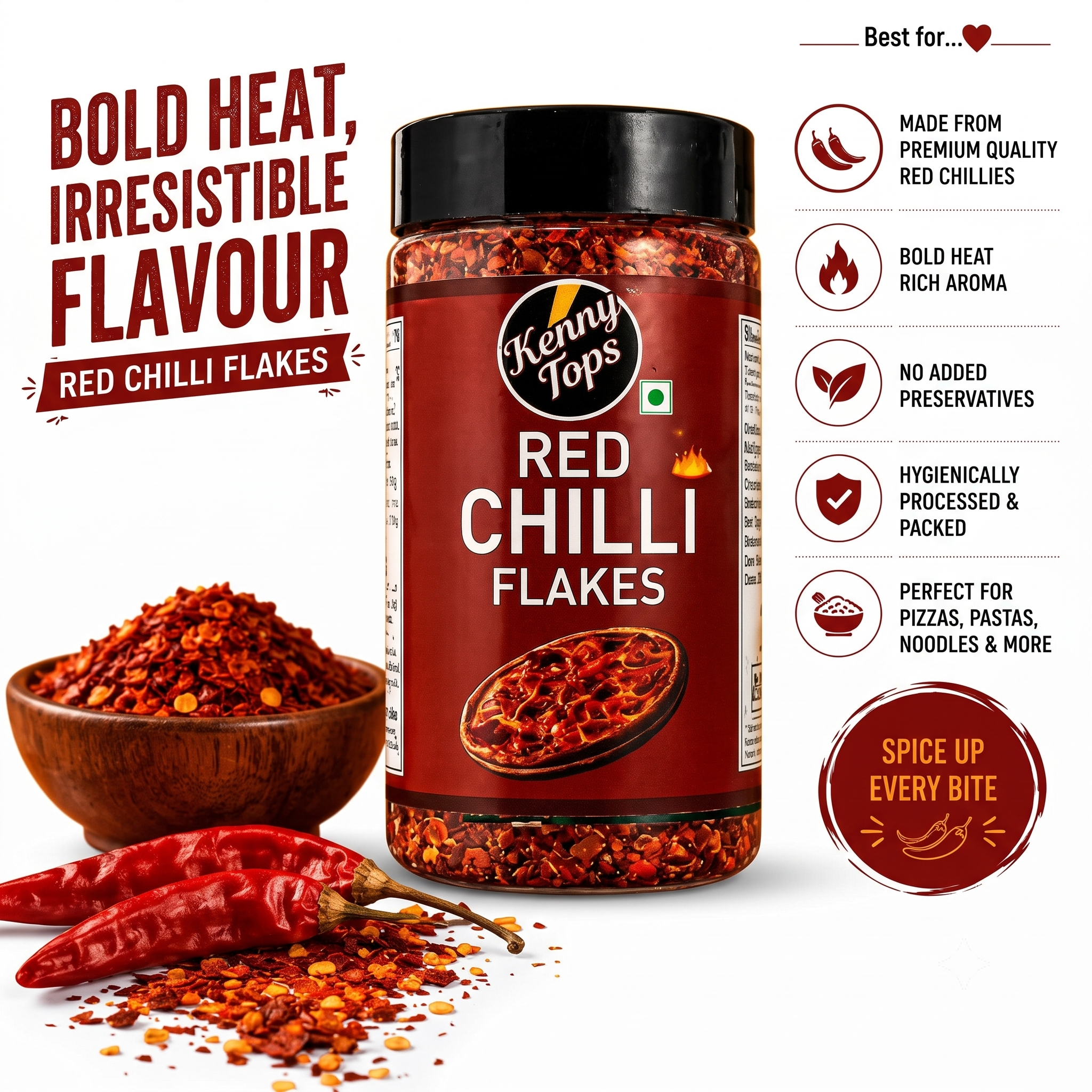 KennyTops Chilli Flakes | Crushed Red Chilli Flakes | Spicy Seasoning for Pizza, Pasta & Snacks |